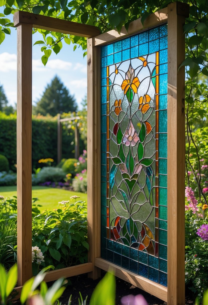 A wooden garden trellis with colorful stained glass panels surrounded by green plants and flowers in a garden.
