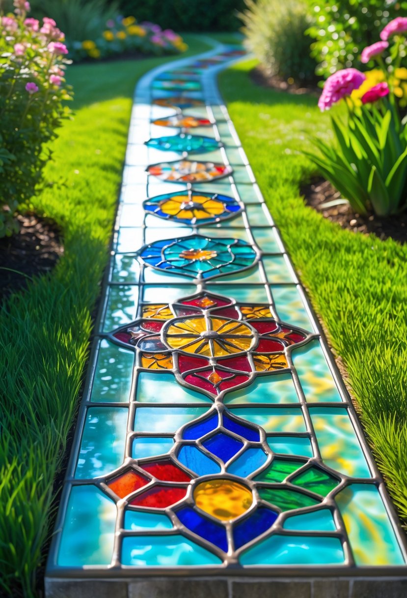 A garden pathway with colorful stained glass inserts in glass tiles surrounded by grass and flowering plants.