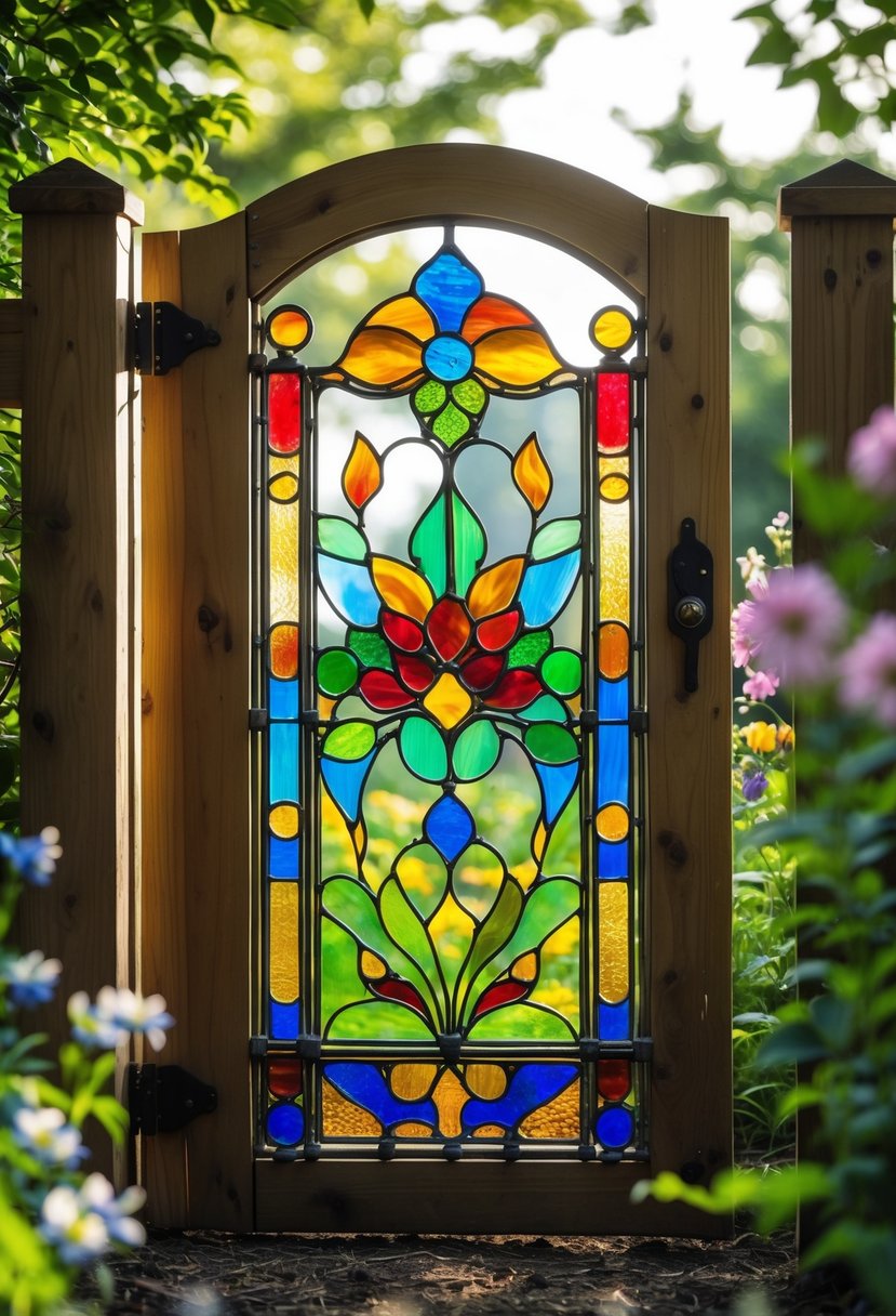A wooden garden gate with colorful stained glass panels set within a lush garden filled with flowers and greenery.