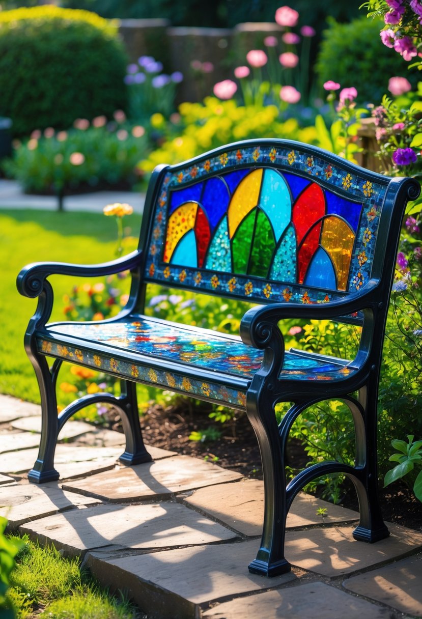 A garden bench decorated with colorful glass mosaic tiles surrounded by green plants and flowers.