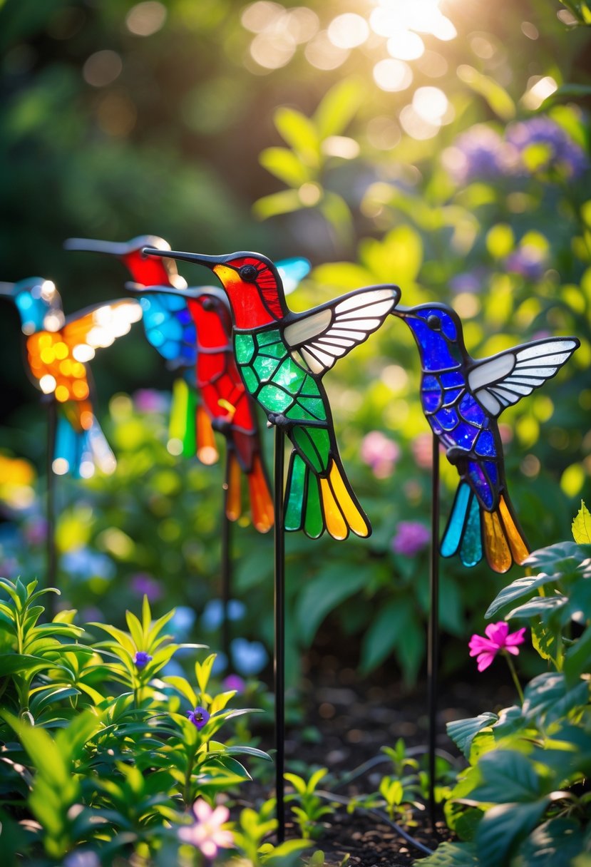 Colorful stained glass hummingbird garden stakes placed among green plants and flowers in a garden.