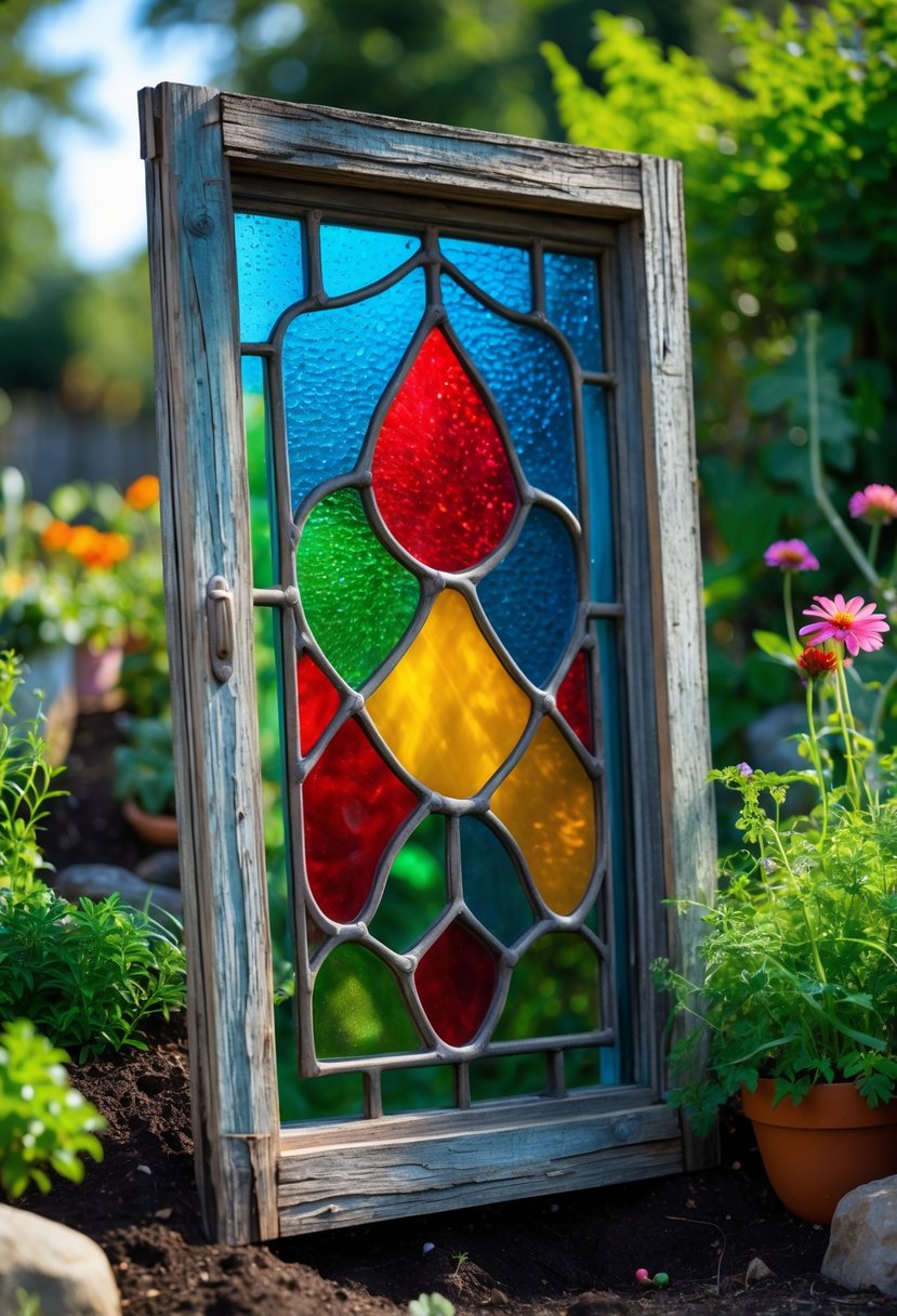 A colorful stained glass window frame repurposed as a decorative piece in a garden surrounded by plants and flowers.