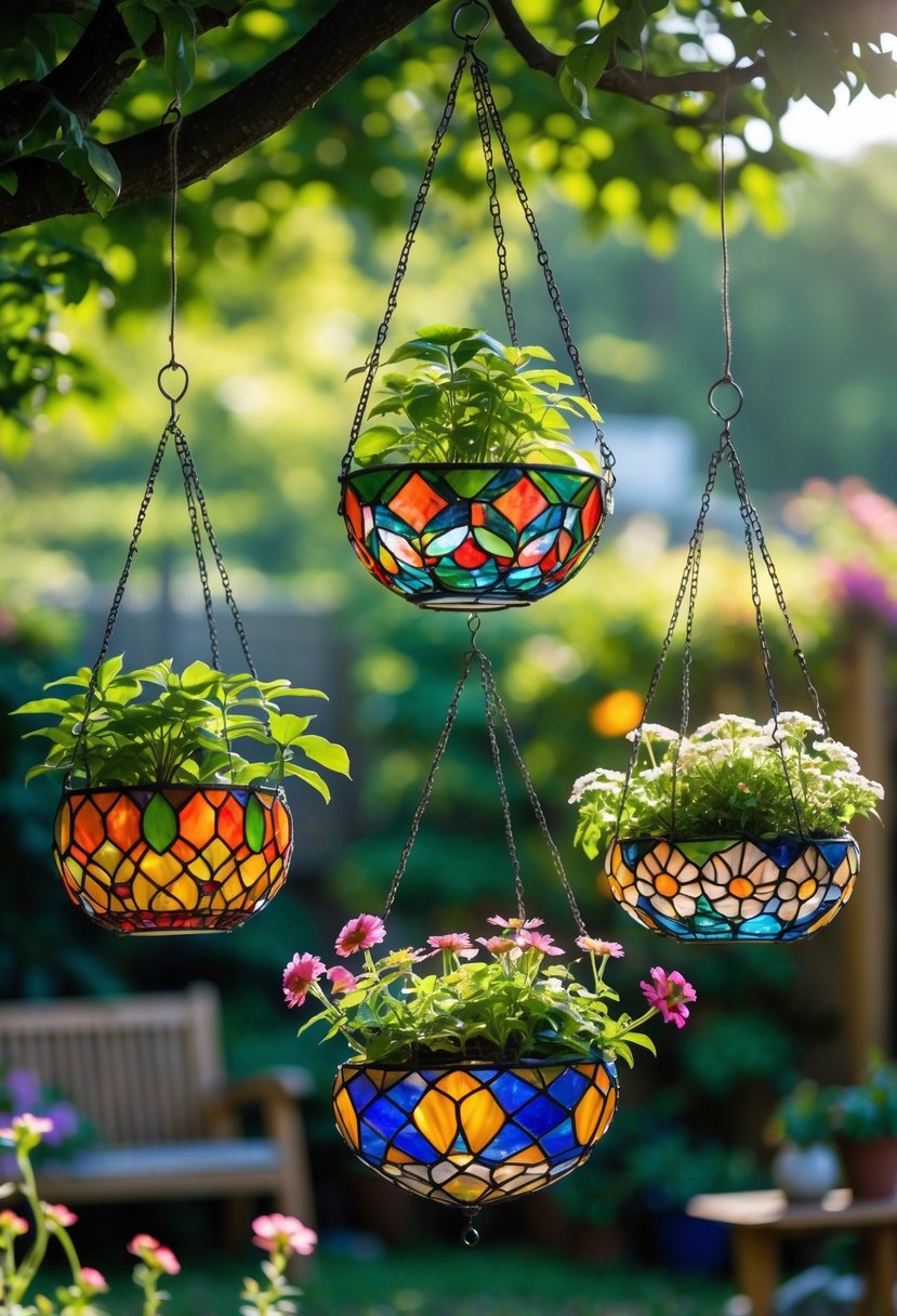 Hanging stained glass plant holders with green plants and flowers in a garden setting.