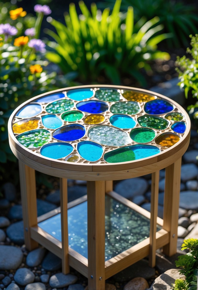 A garden table with a colorful glass pebble mosaic top surrounded by plants and flowers.