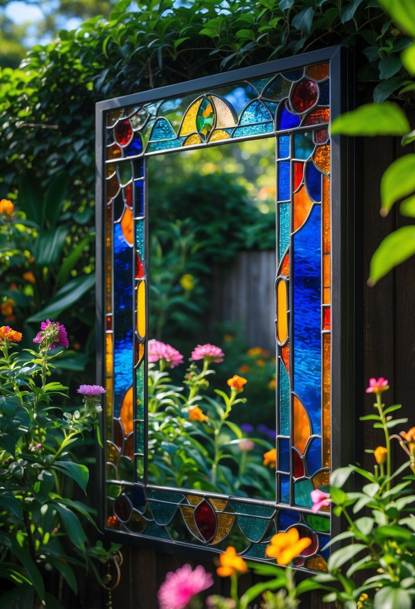 A garden mirror with a colorful stained glass frame surrounded by green plants and flowers.