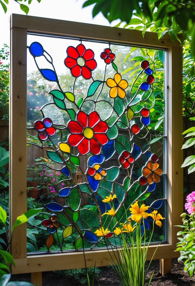 A floral patterned stained glass panel installed in a garden surrounded by green plants and flowers with sunlight shining through.