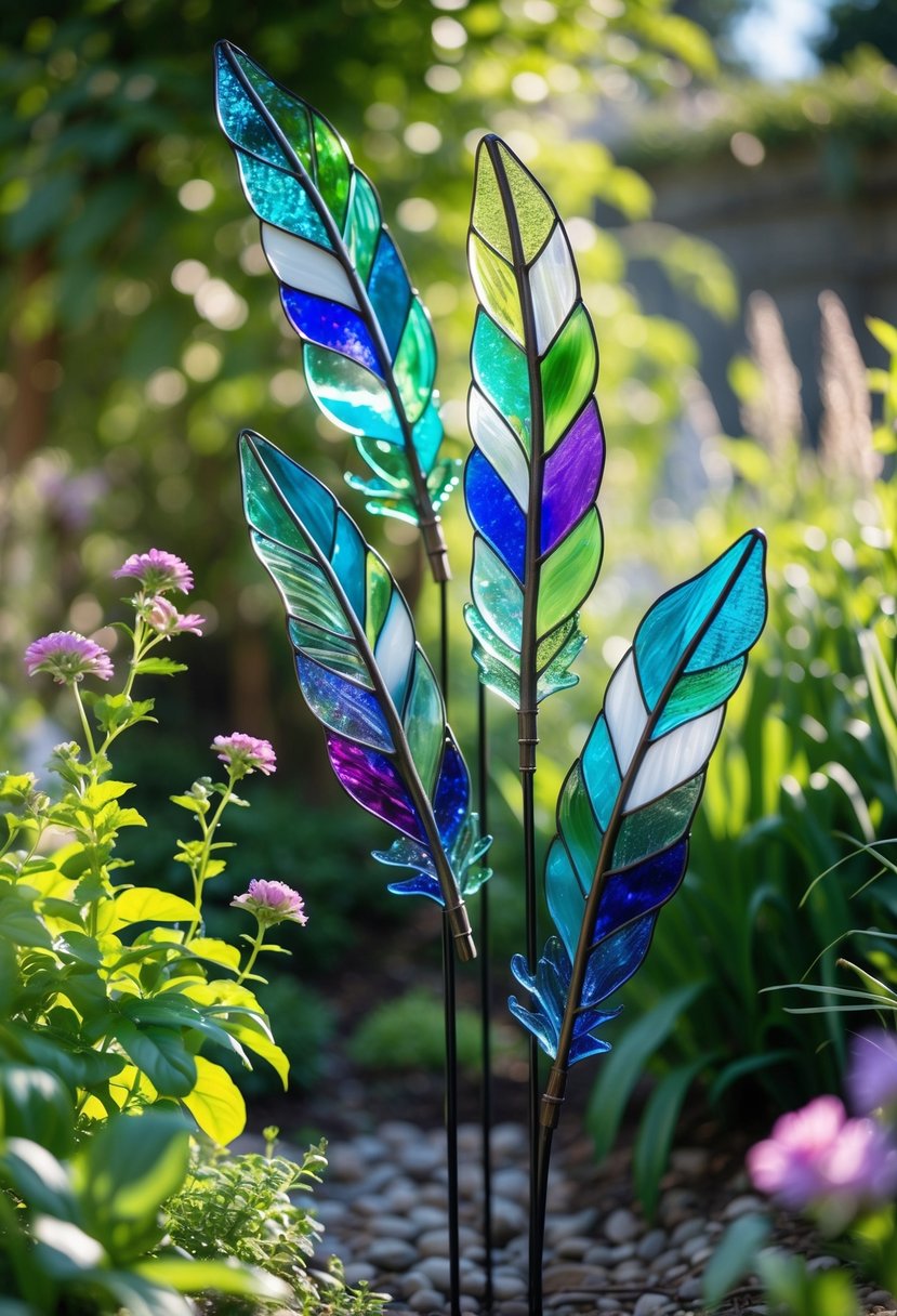 Colorful stained glass feather garden decorations on metal stakes surrounded by green plants and flowers in a sunny garden.
