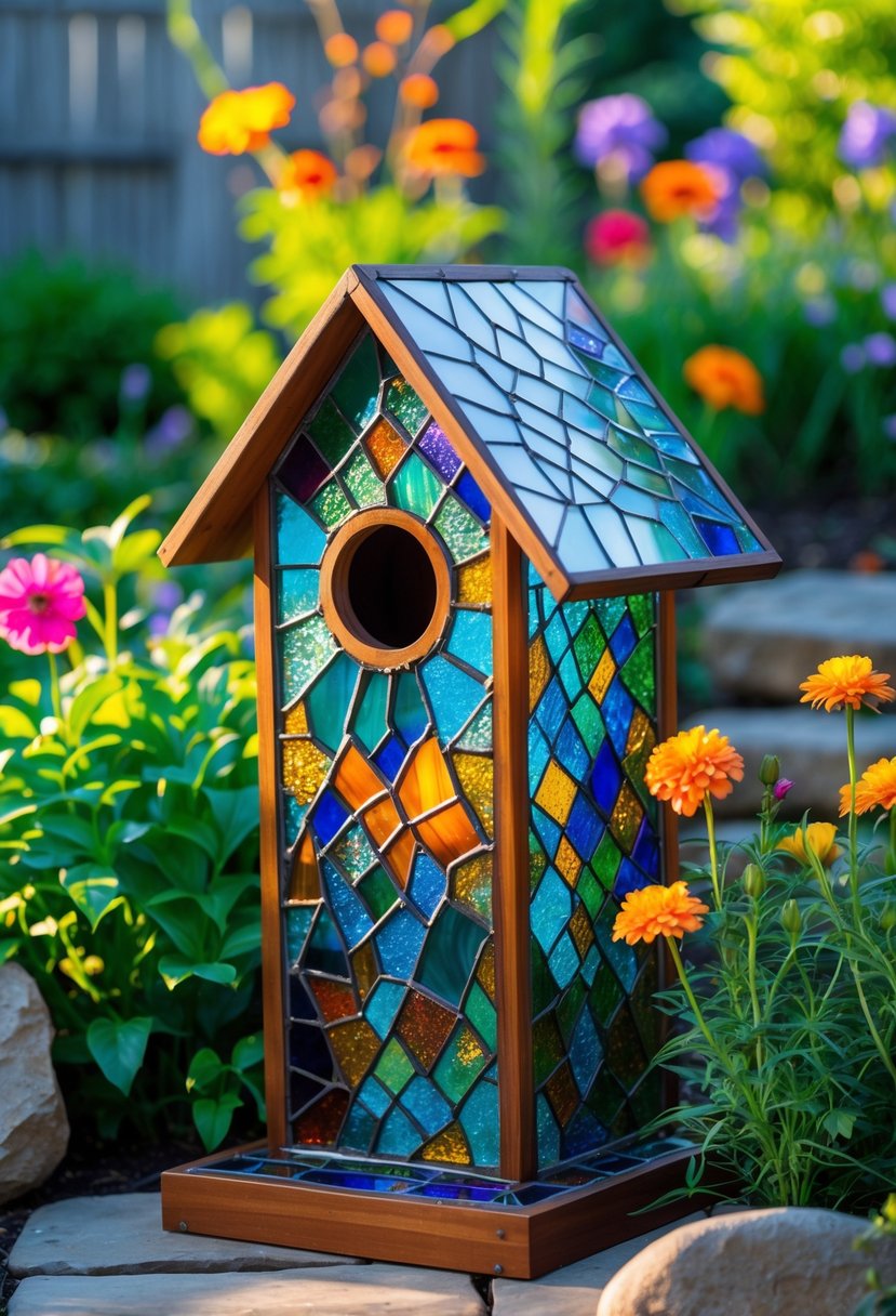 A colorful stained glass mosaic birdhouse surrounded by green plants and blooming flowers in a garden.