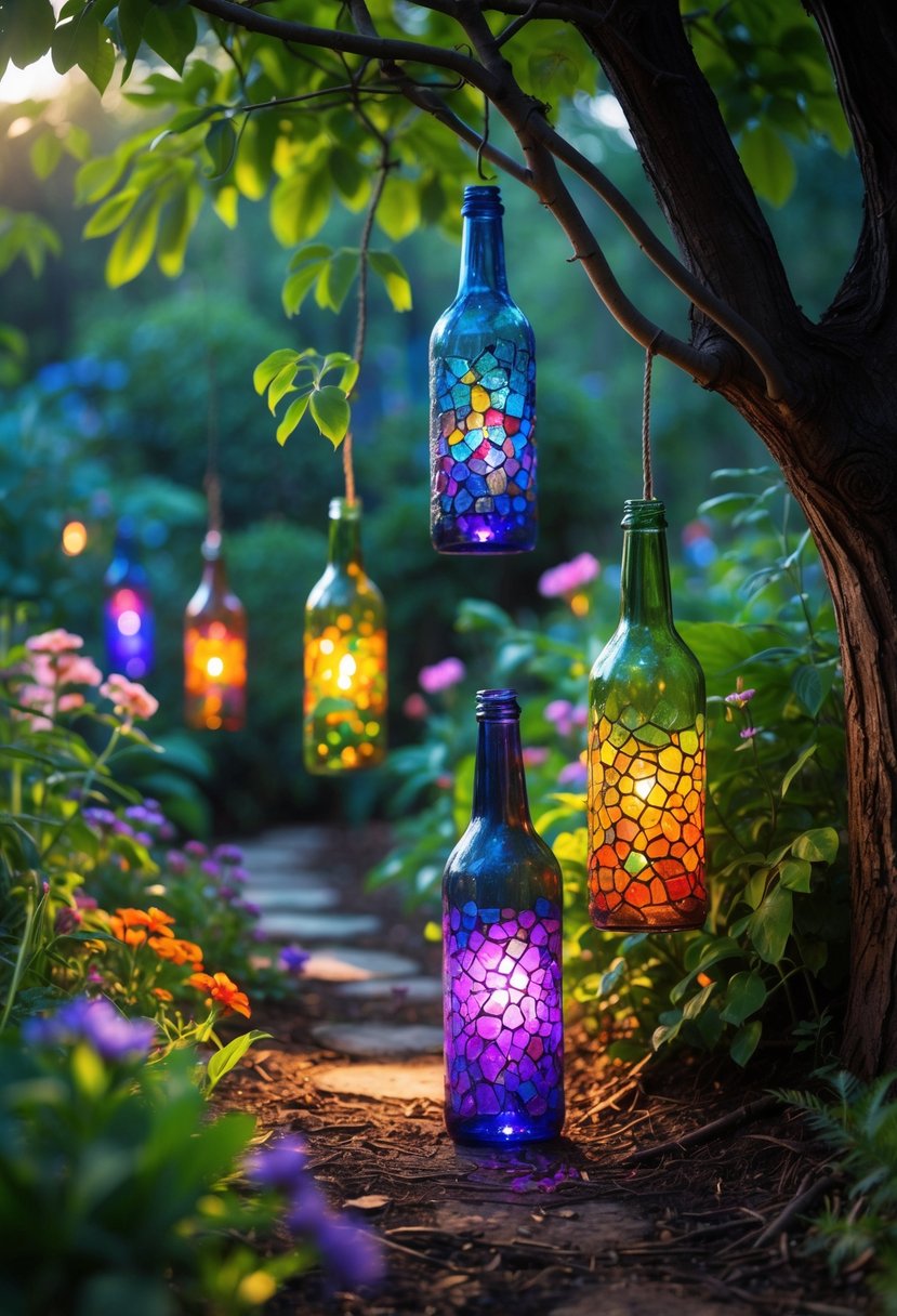 A garden with colorful upcycled glass bottle lights hanging from trees and placed along a path, glowing softly among green plants and flowers.