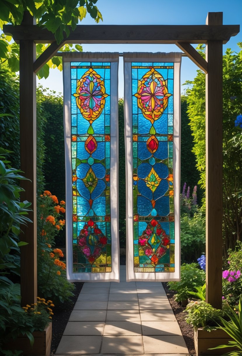 A garden curtain with colorful stained glass panels hanging outdoors surrounded by plants and flowers.