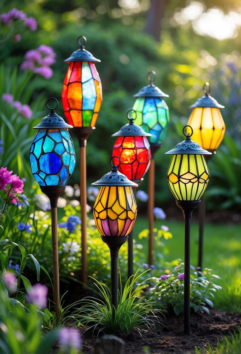 Colorful stained glass lantern stake lights placed in a garden among flowers and green plants.