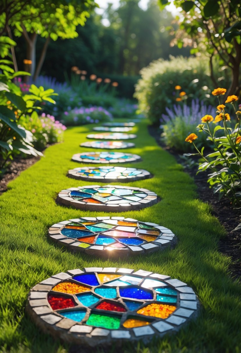 A garden pathway with mosaic stepping stones featuring colorful stained glass pieces surrounded by green plants and flowers.