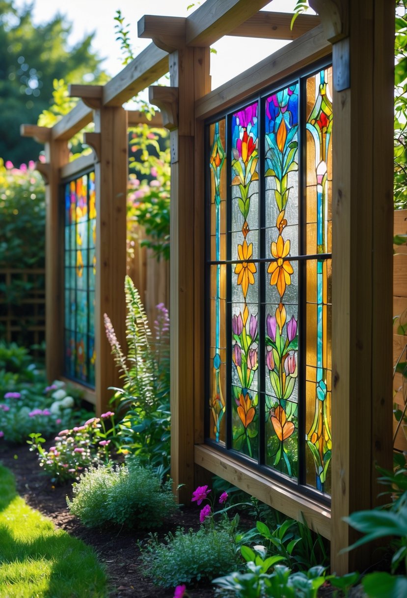 A garden fence with framed stained glass panels surrounded by plants and flowers.