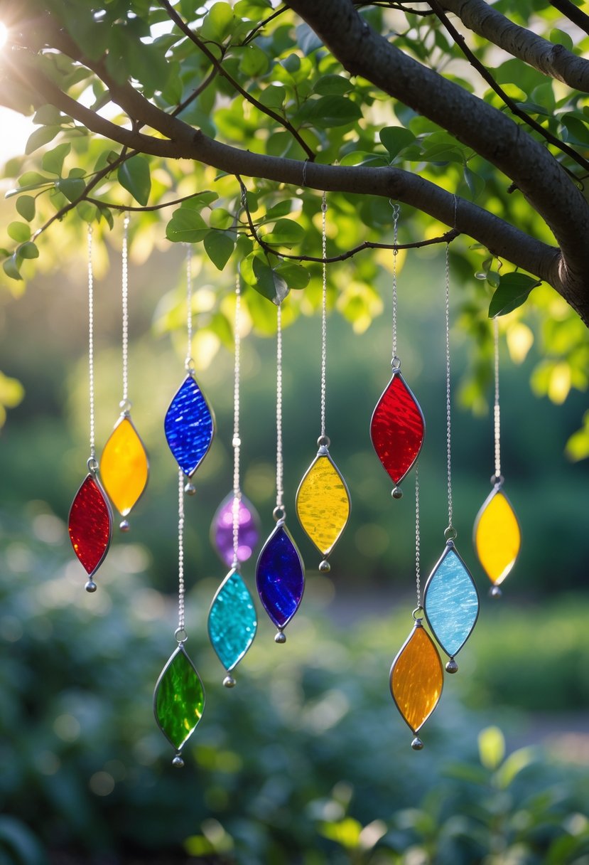 Colorful glass suncatchers hanging from tree branches in a garden with green leaves and sunlight.