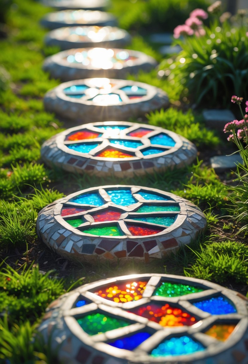 A garden pathway with mosaic stepping stones decorated with colorful stained glass pieces surrounded by green grass and plants.