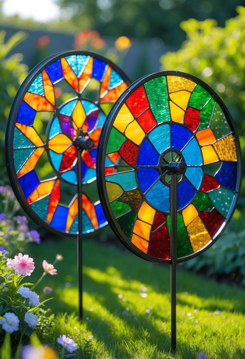 Colorful stained glass garden spinners made from bicycle rims displayed in a sunny garden with green grass and flowers.
