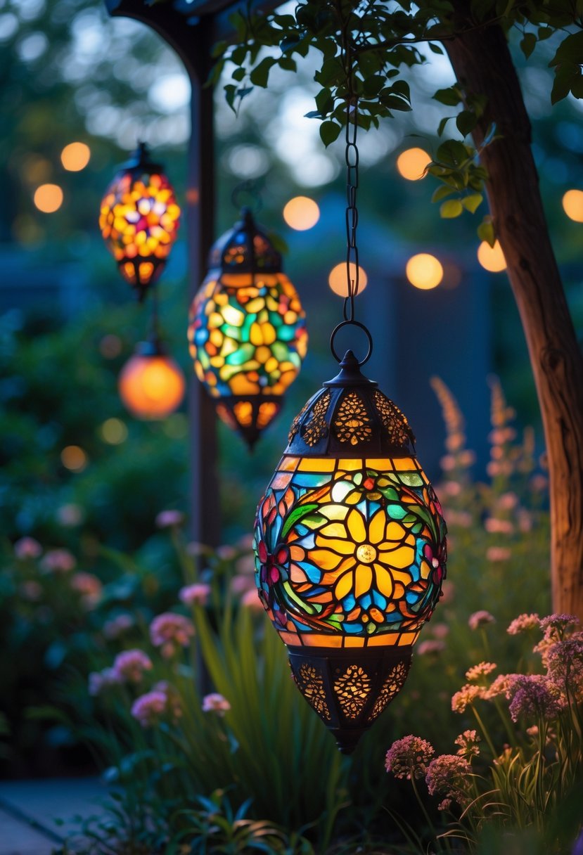 Decorative stained glass lanterns glowing softly in an evening garden surrounded by plants and flowers.