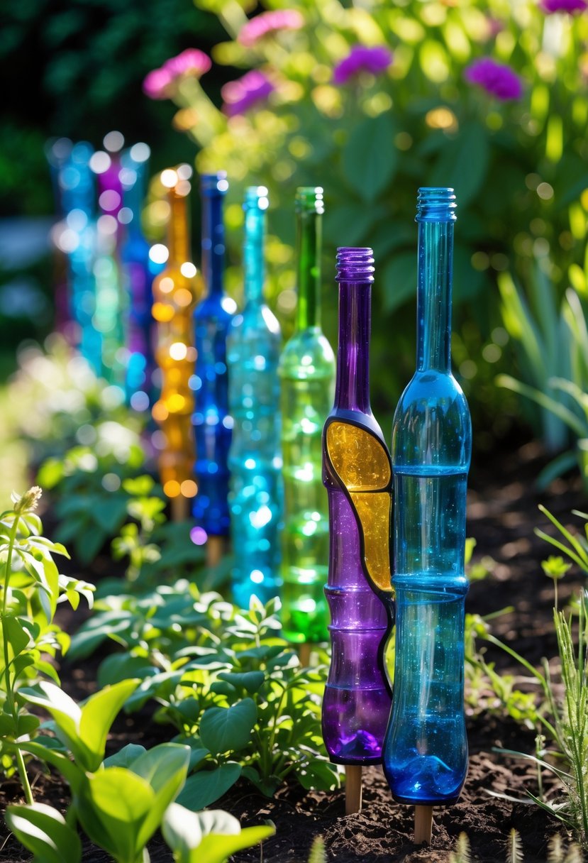 A garden bed with colorful recycled glass bottle stakes among green plants and flowers.