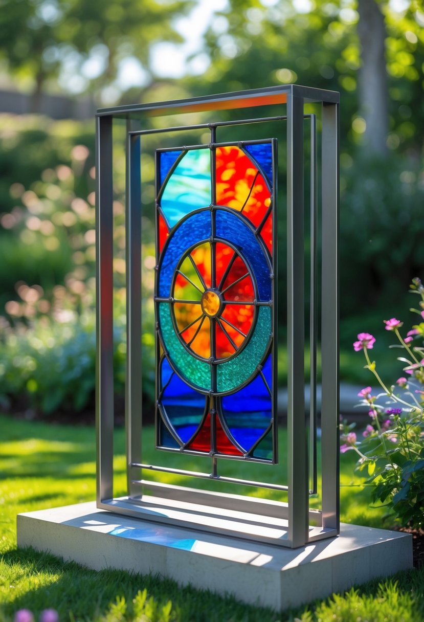 A colorful stained glass and metal sculpture displayed in a garden surrounded by plants and flowers.