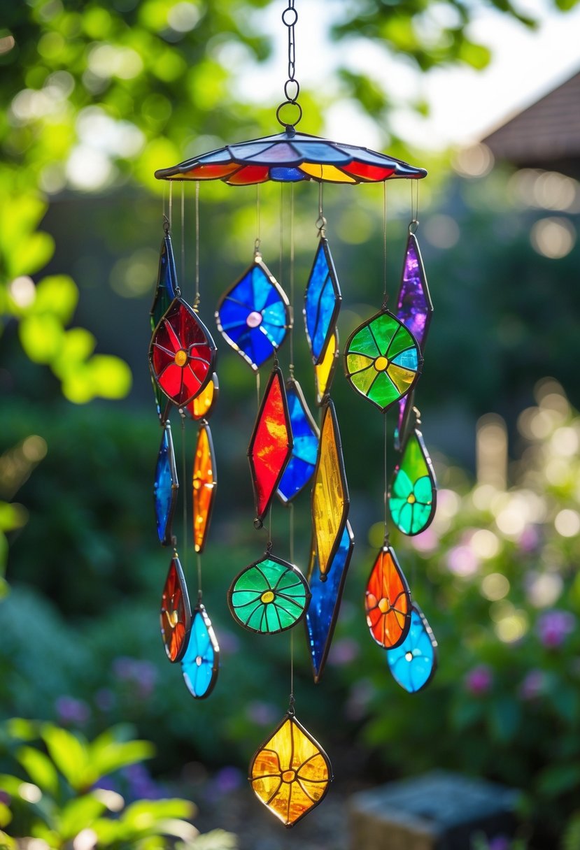 Colorful stained glass wind chimes hanging in a green garden with sunlight shining through them.