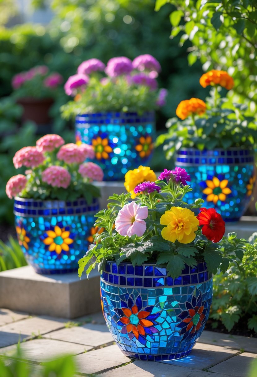 A collection of colorful glass mosaic flower pots with blooming flowers arranged in a garden with green plants and sunlight.