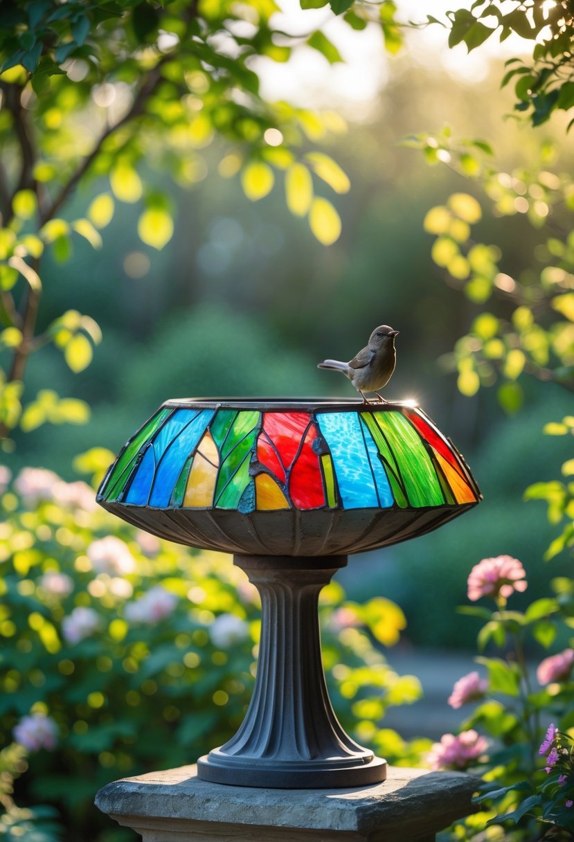 A colorful stained glass birdbath decoration in a garden surrounded by green plants and flowers.
