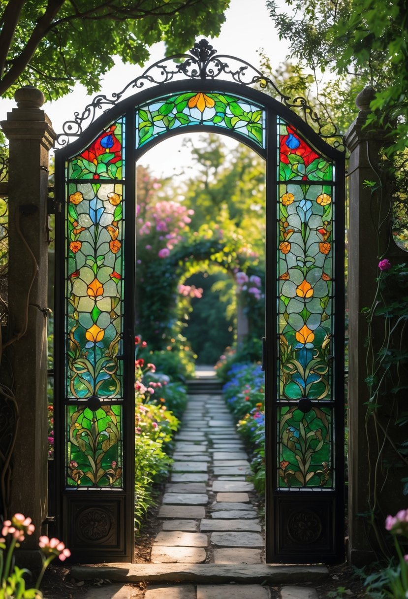 A wrought iron garden gate with colorful stained glass panels partially open to reveal a lush garden with flowers and greenery.
