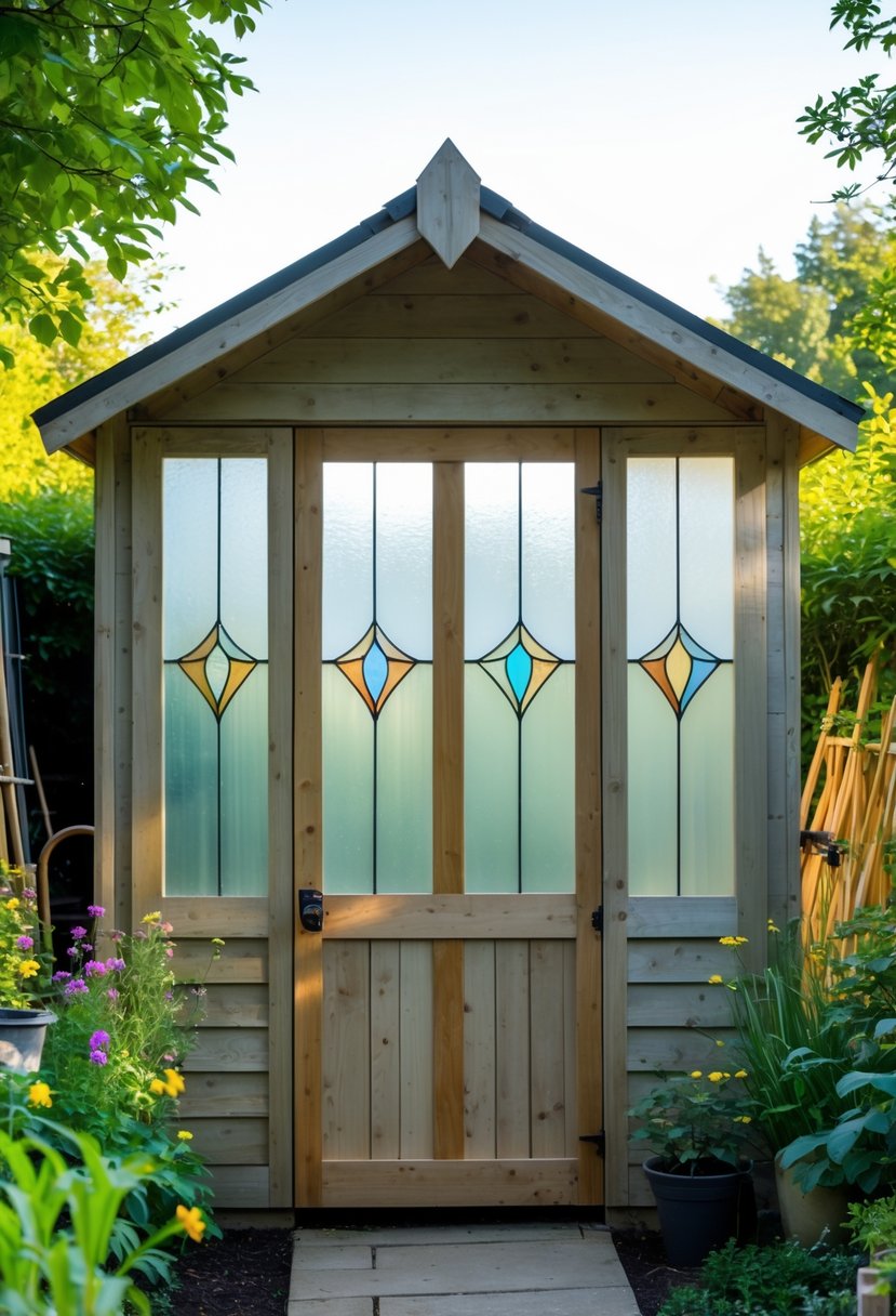 A garden shed with translucent stained glass door panels surrounded by green plants and flowers.