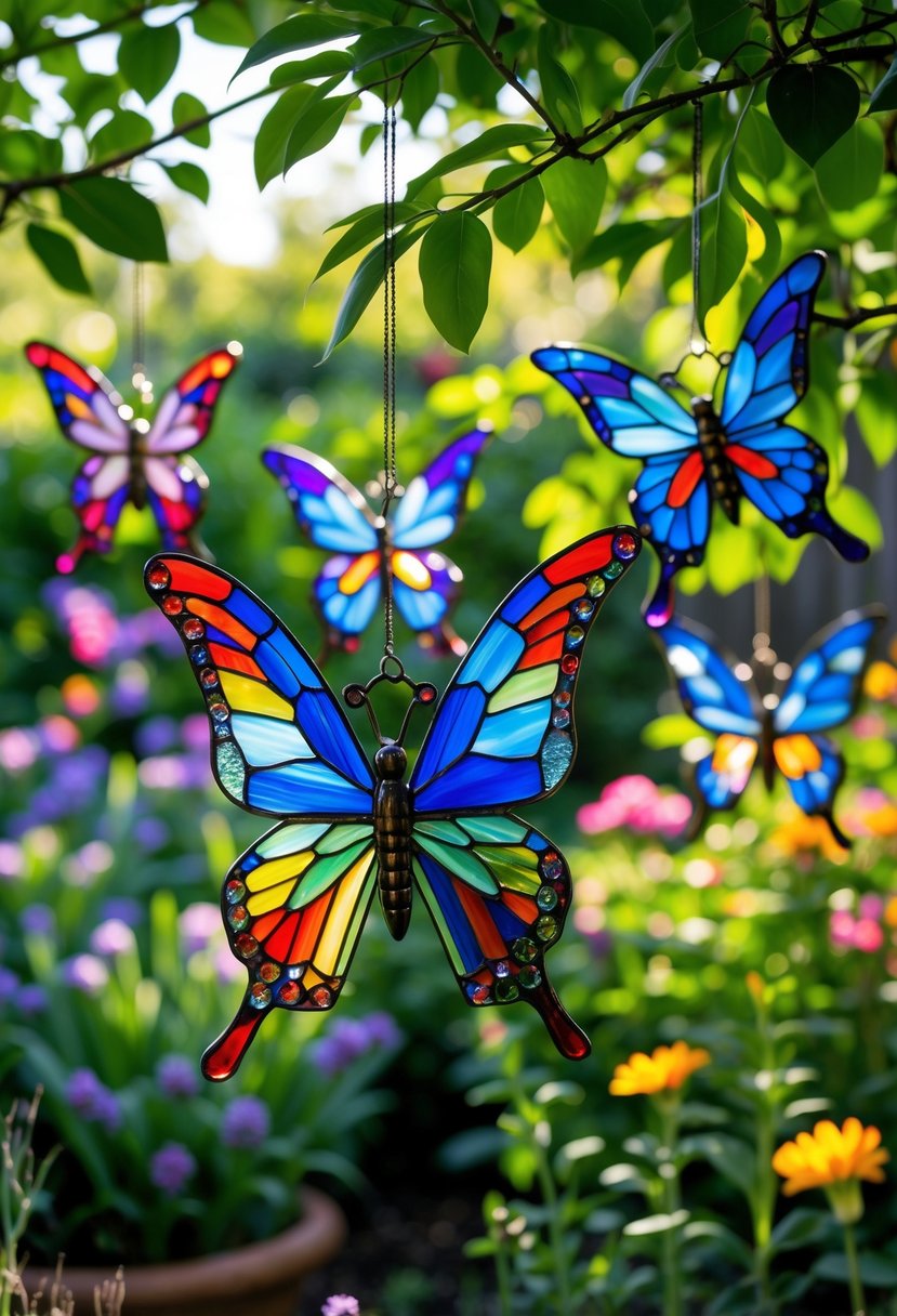 A garden with colorful stained glass butterfly ornaments hanging among green plants and flowers.