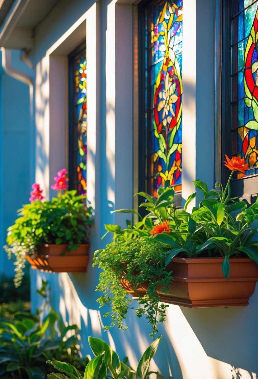 Window boxes with green plants and colorful stained glass panels casting multicolored shadows on a wall.