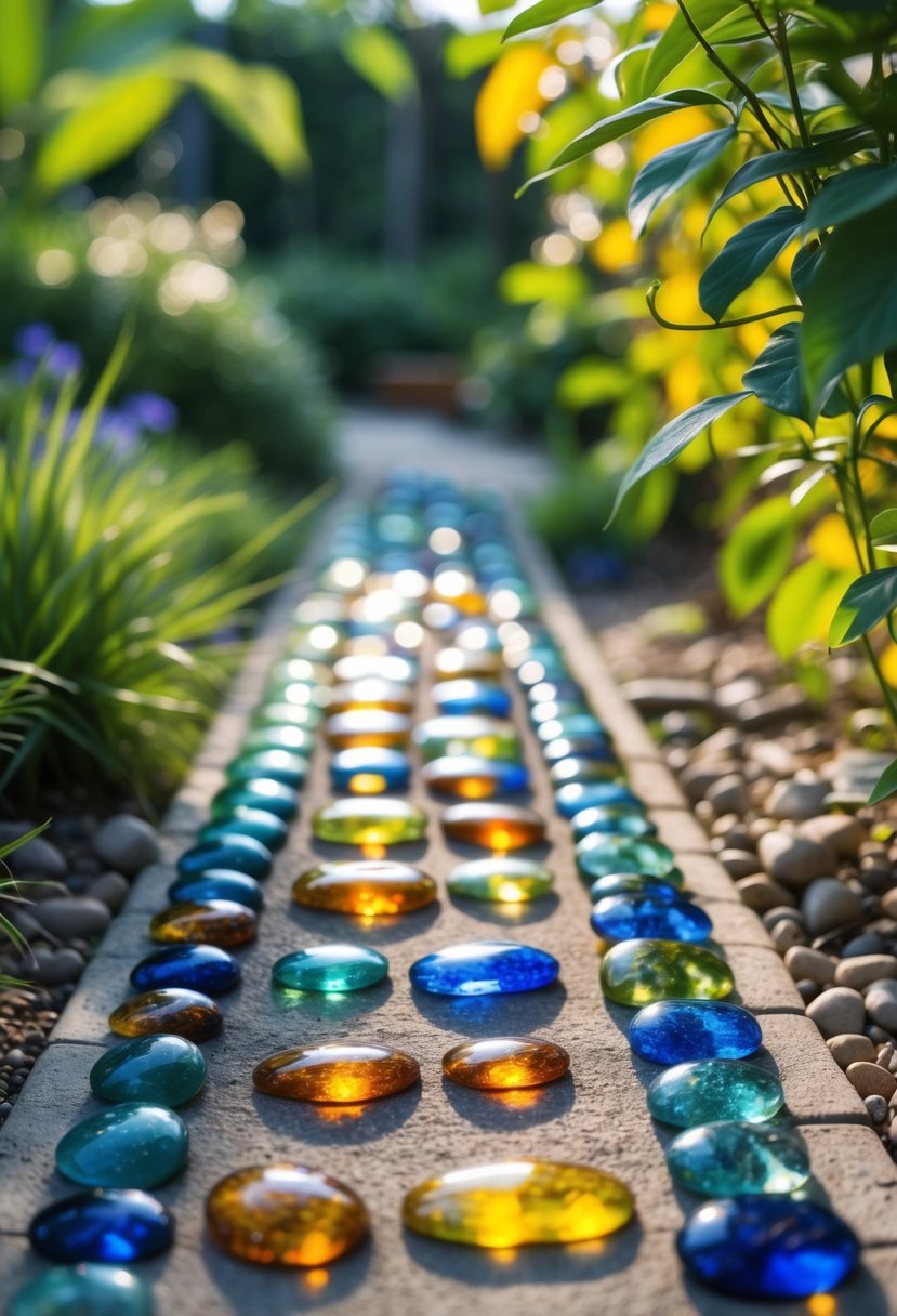 A garden pathway bordered by colorful glass pebble markers surrounded by green plants.