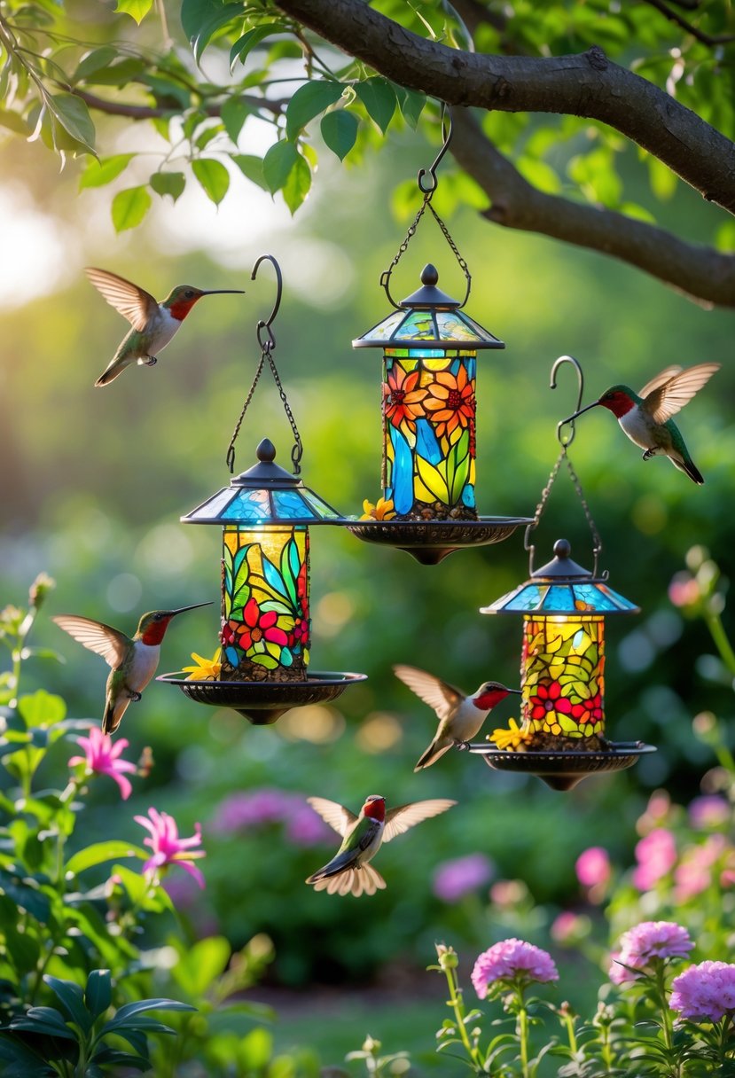 A garden with colorful stained glass hummingbird feeders hanging among green plants and flowers, with hummingbirds feeding from them.