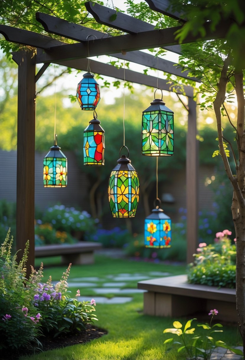 Several colorful stained glass lanterns hanging in a garden with trees, plants, and flowers.