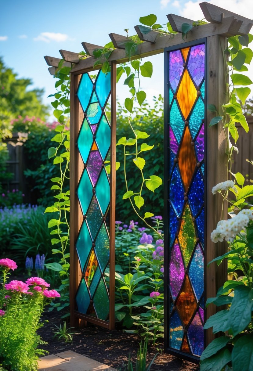 A garden with colorful stained glass trellis panels surrounded by green plants and flowers.