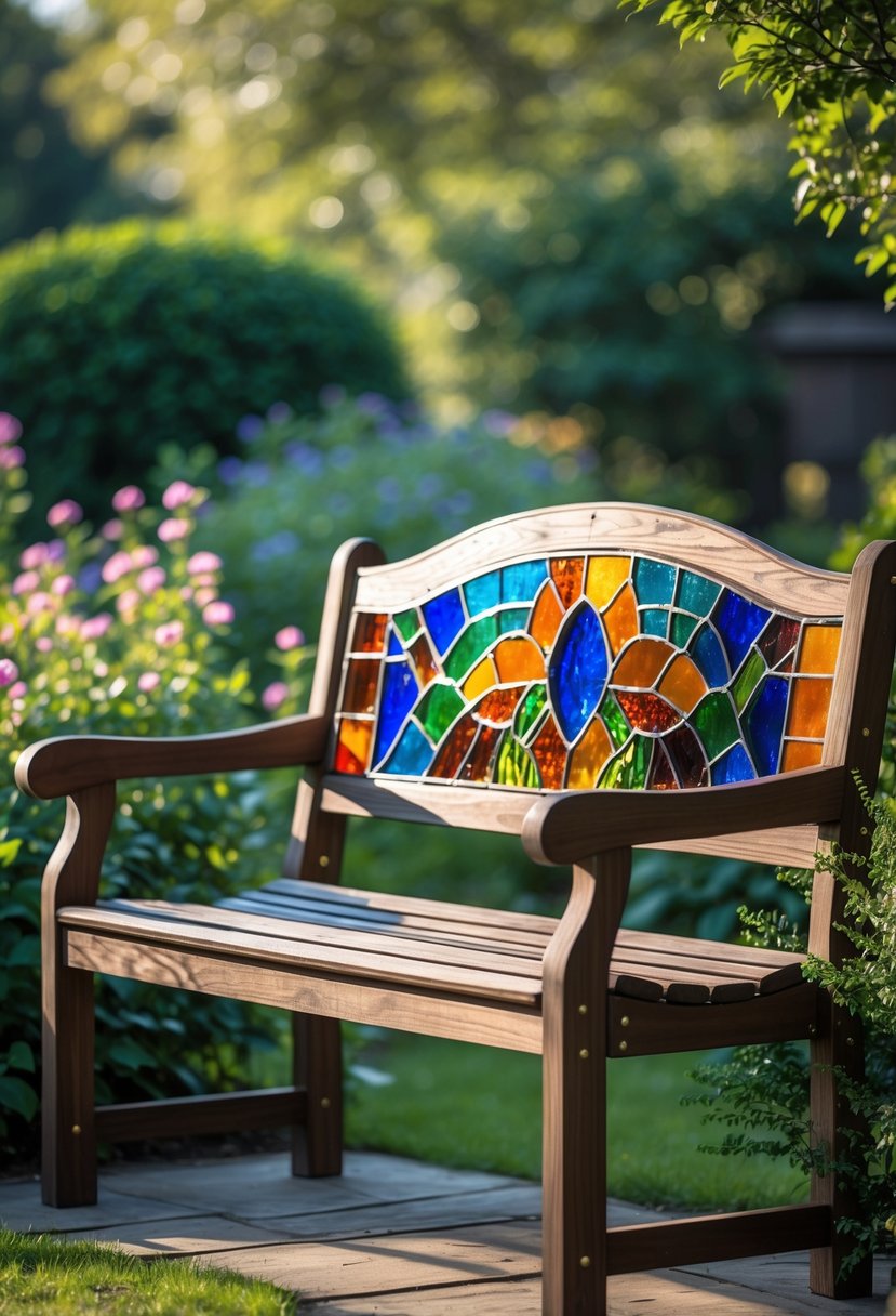 A wooden garden bench decorated with colorful stained glass mosaic pieces surrounded by green plants and flowers.