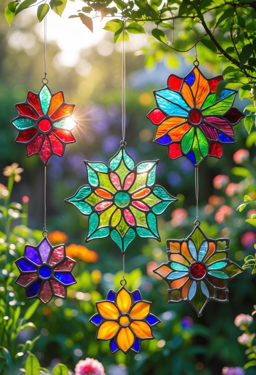 Colorful stained glass flower-shaped sun catchers hanging in a garden with green plants and sunlight.