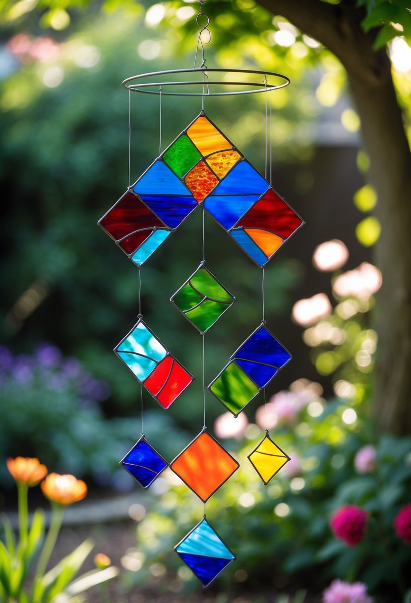 A colorful stained glass garden spinner mobile hanging outdoors surrounded by flowers and greenery.