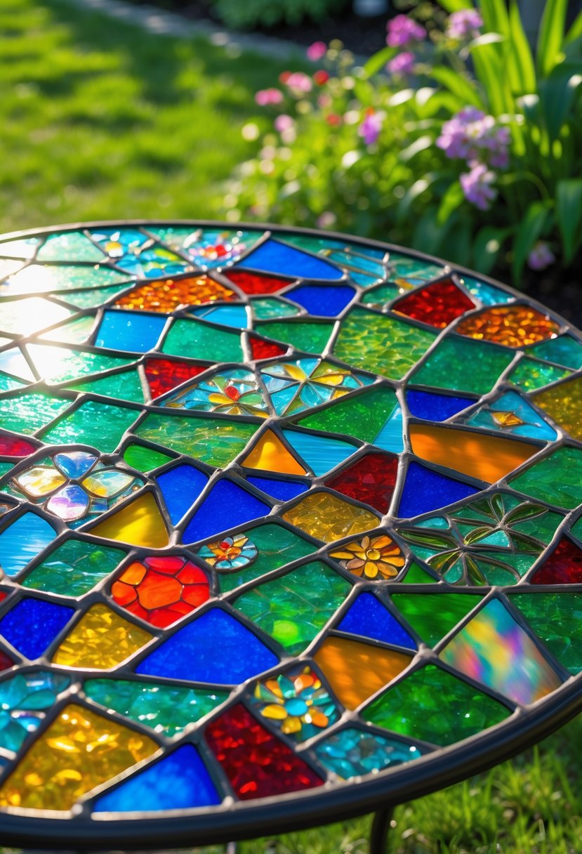 A round garden table with a colorful stained glass mosaic surface set outdoors in a green garden with flowers and plants.