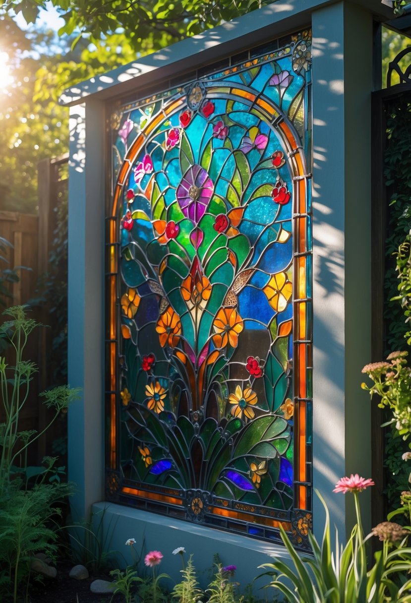 A garden wall decorated with colorful stained glass art surrounded by plants and flowers.