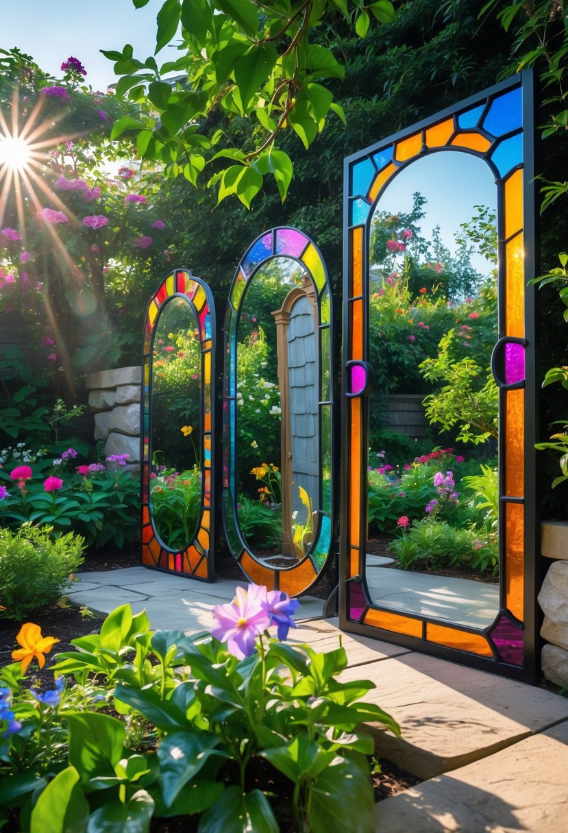 Outdoor garden with colorful stained glass mirrors reflecting plants and flowers.