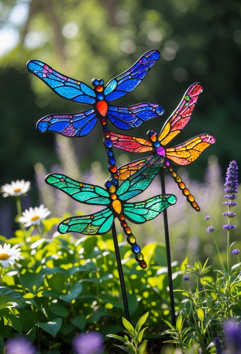 Bright stained glass dragonfly garden stakes among green plants and colorful flowers in a garden.