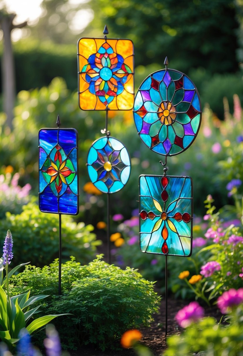 A garden with colorful stained glass wind spinners spinning among green plants and flowers.