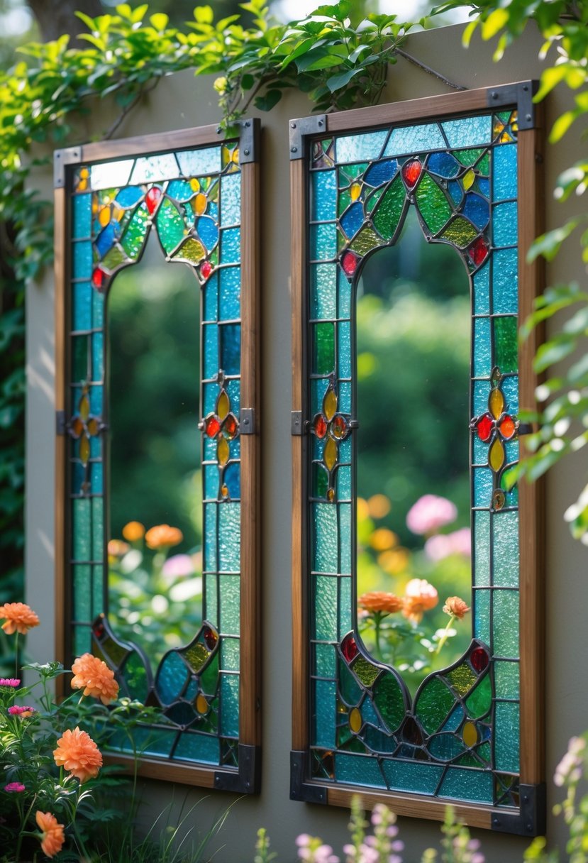 Outdoor mirrors decorated with colorful stained glass mosaics surrounded by green plants and flowers in a garden.