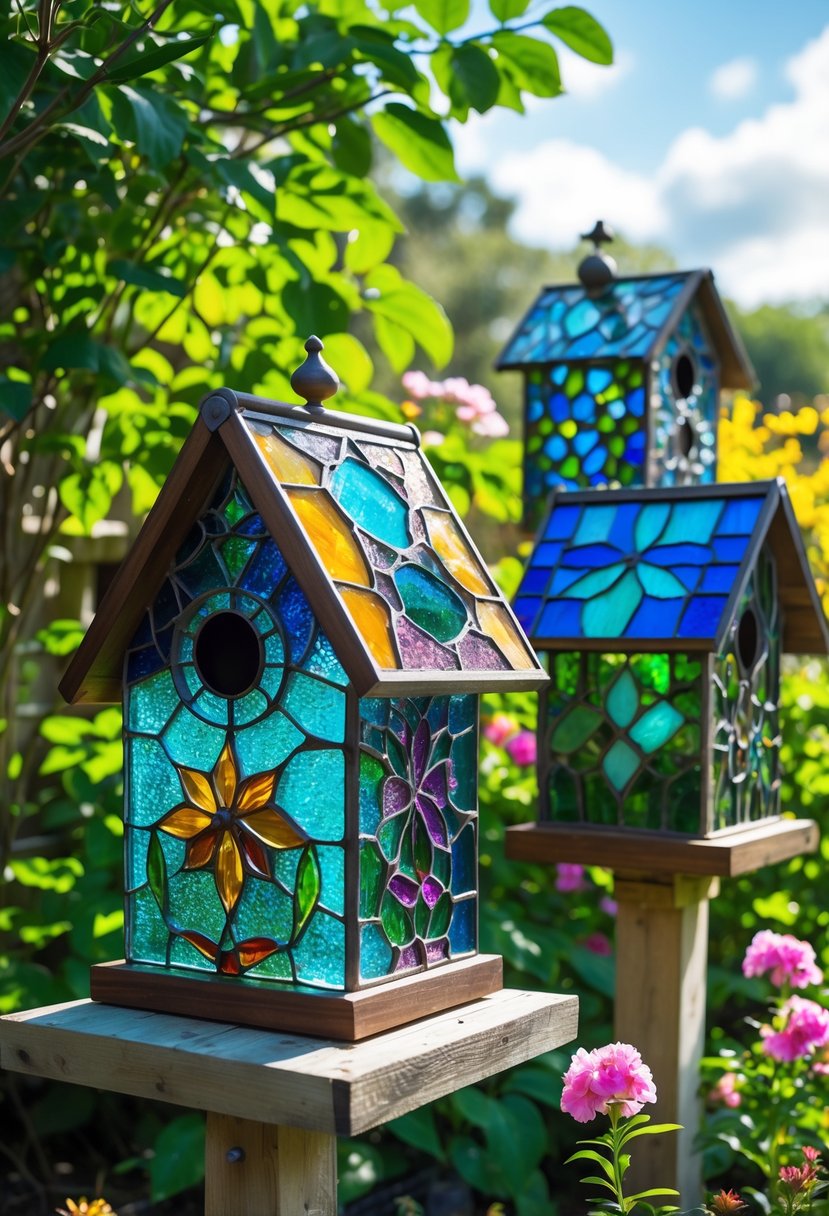 Several decorative birdhouses with colorful glass mosaic and stained glass windows placed among green plants and flowers in a garden.