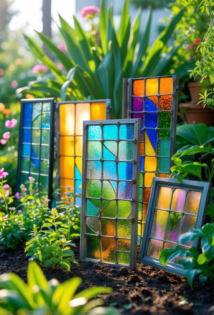 A garden with colorful stained glass art made from recycled window frames surrounded by green plants and flowers.