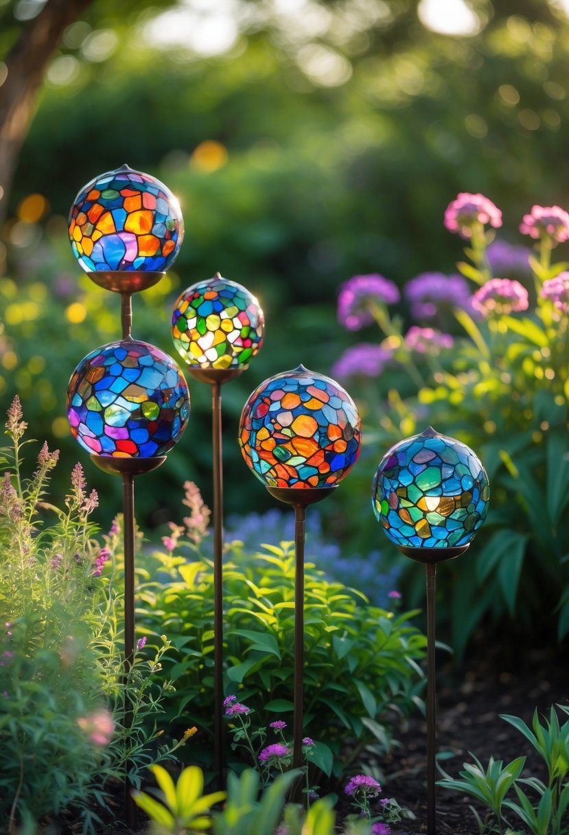 Garden stakes with colorful stained glass orbs placed among green plants and flowers in a garden.