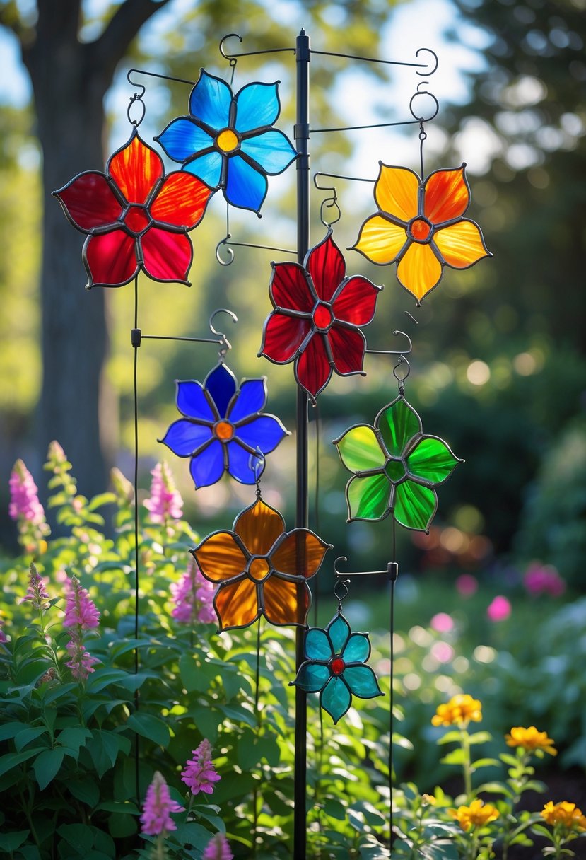 Colorful stained glass flower wind spinners hanging in a garden among green plants and flowers under a blue sky.