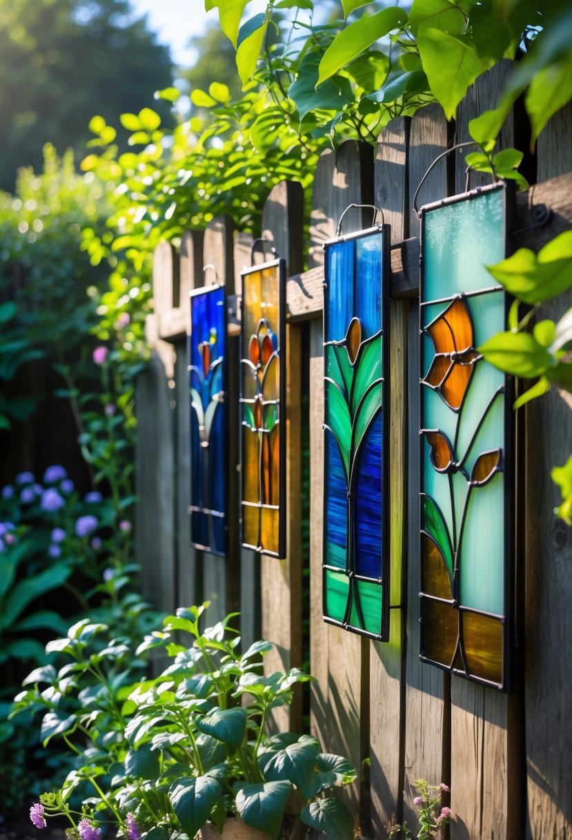 Stained glass wall hangings displayed on a wooden fence surrounded by green plants and flowers in a garden.