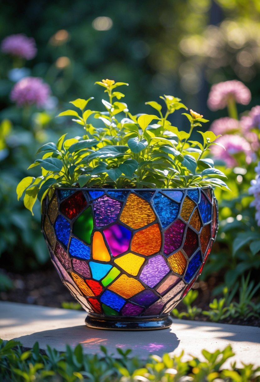 A colorful stained glass mosaic planter surrounded by green plants and flowers in a garden.