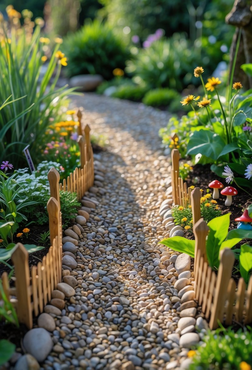 A pebble path bordered by small wooden fences winding through a garden with green plants and colorful flowers.